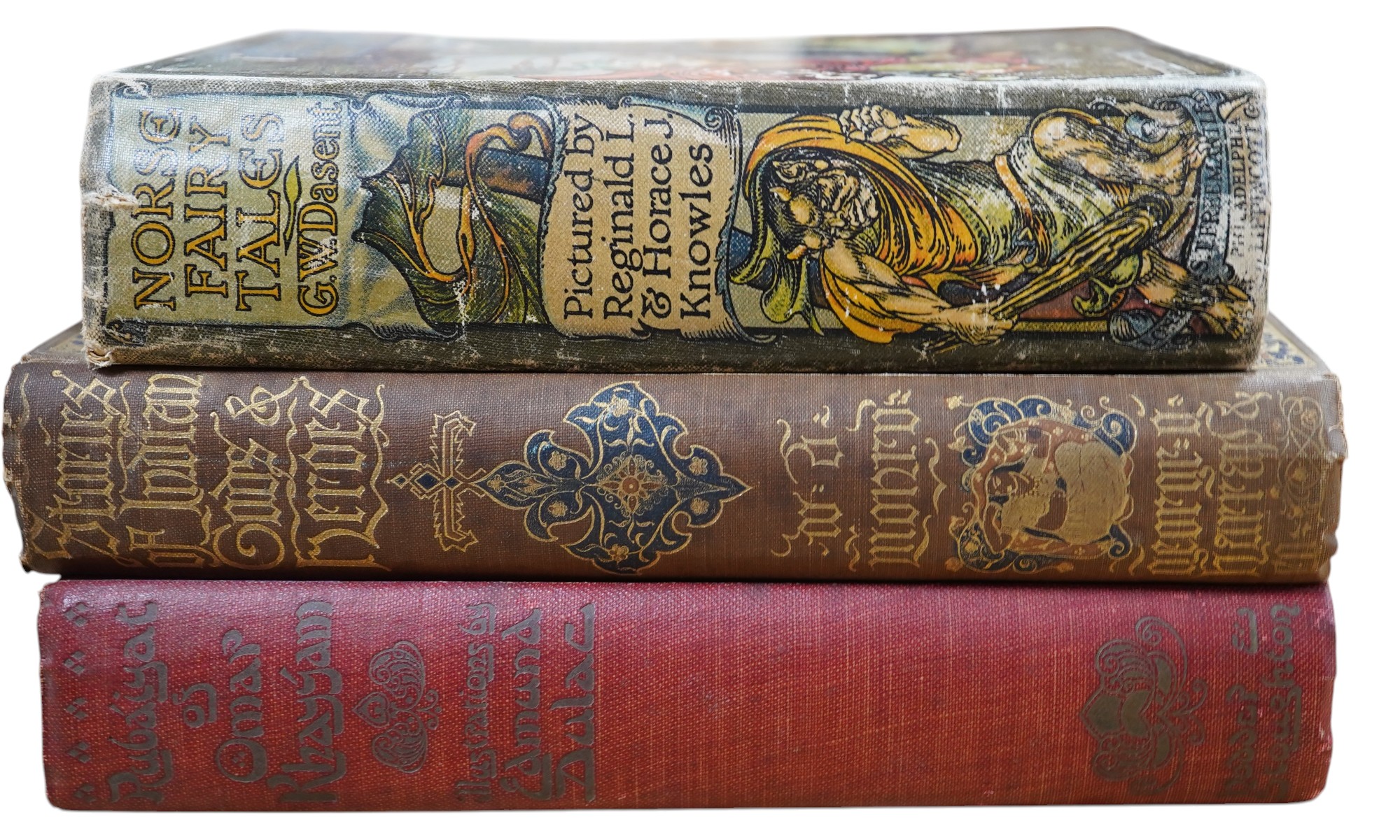 Dulac, Edward - Rubaiyat of Omar Khayyam, Hodder & Stroughton, red cloth; Monro, W.D. - Stories of Indian Gods & Heroes, ill by Evelyn Paul, Harrap 1909; Dasent, G.W. Norse Fairy Tales, illus. by Knowles, 1910 (3). Condi